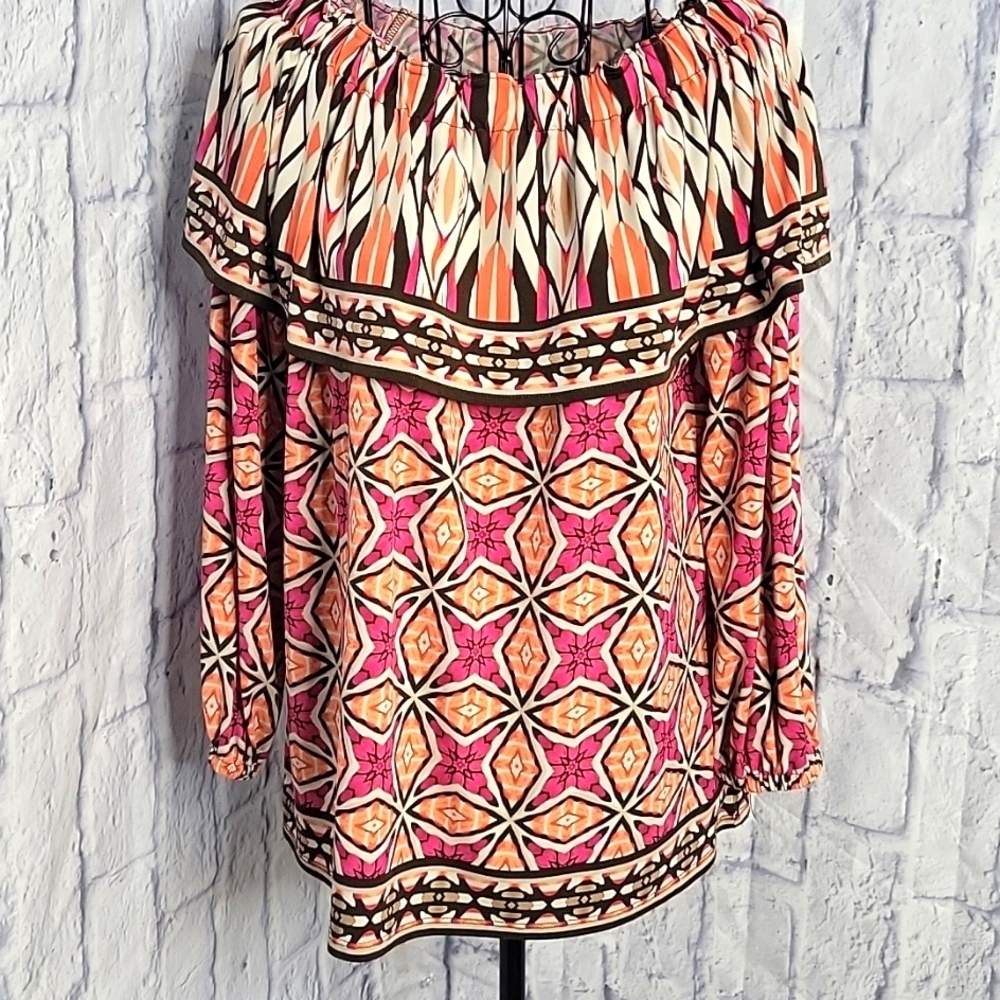 CHICO'S Abstract/Floral On or Off‎ Shoulder Blouse Large